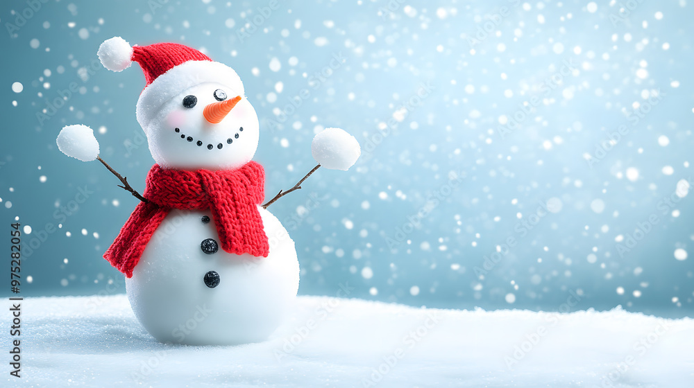 Cheerful snowman with red knitted scarf, arms raised, standing on snowy surface as snow falls against light blue sky Cheerful snowman with red knitted scarf, arms raised, standing on snowy surface as snow falls against light blue sky