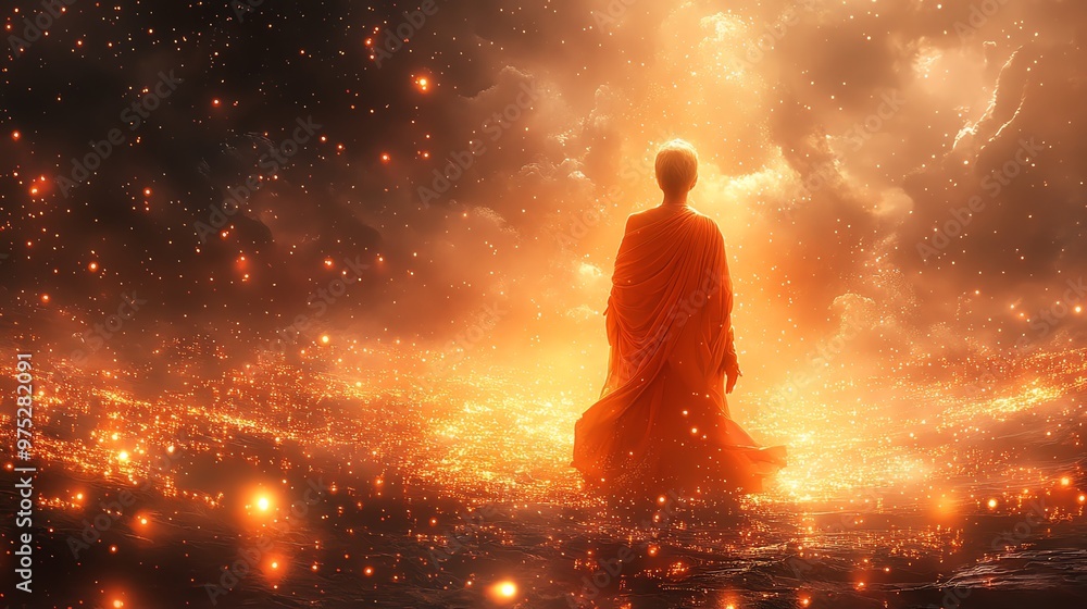 Ethereal being in an orange robe, surrounded by floating lights and mist, mystical and serene Ethereal being in an orange robe, surrounded by floating lights and mist, mystical and serene