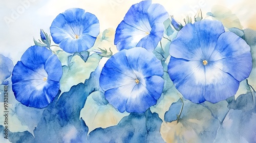 A serene watercolor painting of vibrant blue flowers with delicate petals and lush green leaves, evoking a peaceful atmosphere.