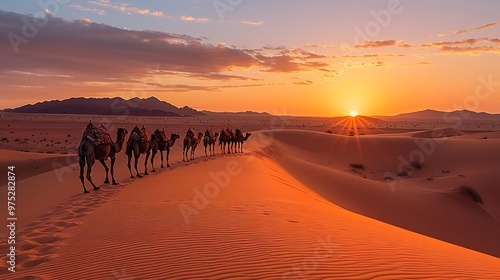 Camel Caravan at Sunset in the Desert
