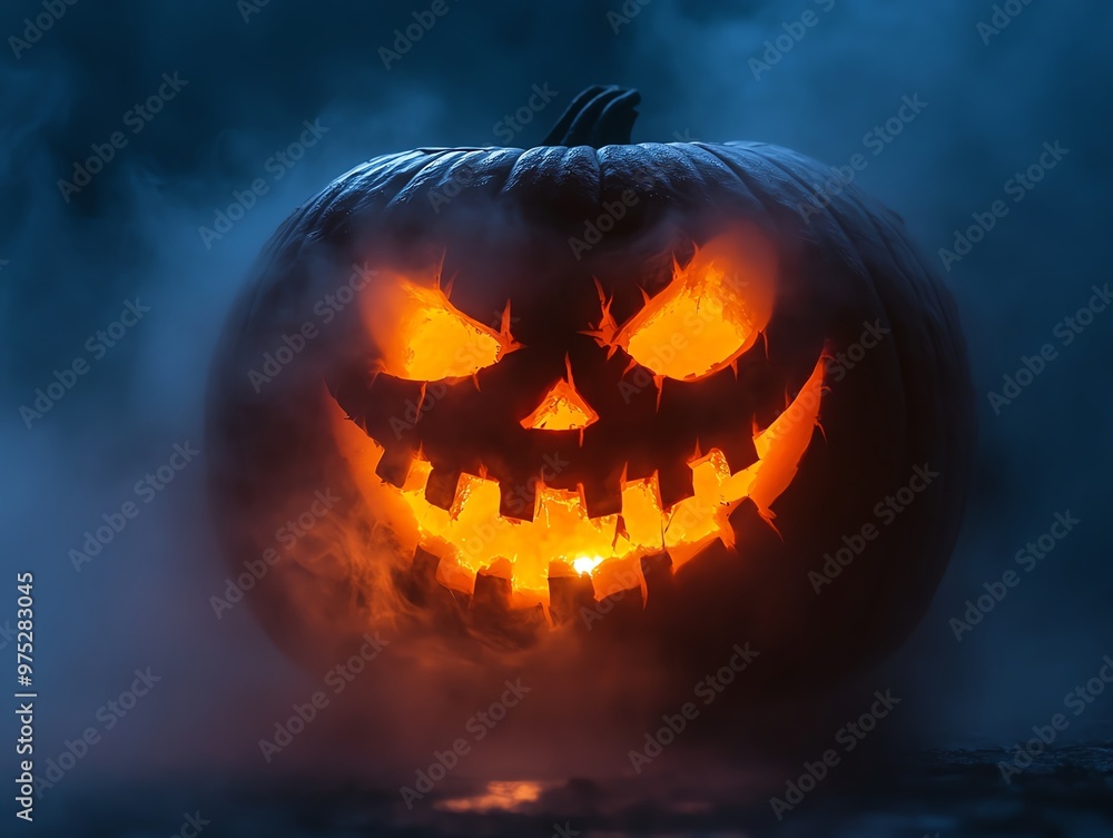 Fototapeta premium Jackolantern carved with a phantoms mask, glowing eerily, surrounded by swirling mist on a dark night