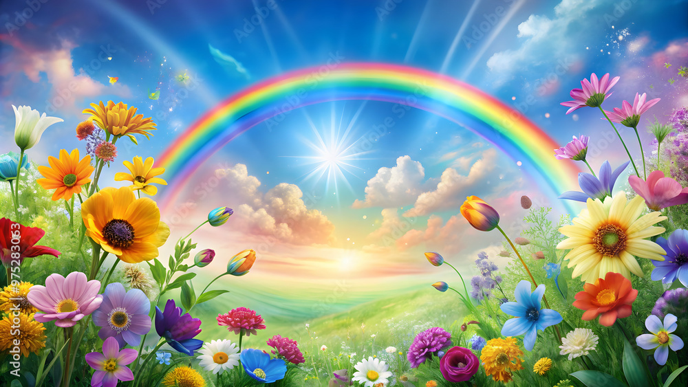 Colorful spring flowers suspended over a beautiful rainbow in a fantasy, romantic dreamy background, spring, flowers Colorful spring flowers suspended over a beautiful rainbow in a fantasy, romantic dreamy background, spring, flowers