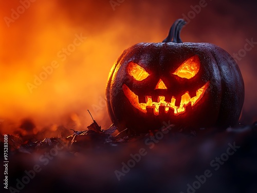 Jackolantern with a masklike carving of a phantom s face, eerie glow, dark and mysterious background photo