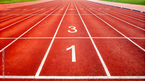 Close-up view of a red running track with numbered lanes 1, 2, and 3 , red, running track, lanes, numbered, athletics