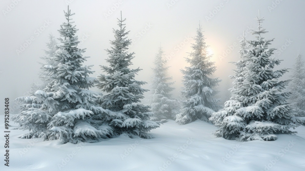 Snow-covered pine trees in a foggy winter forest. AI generative. . Snow-covered pine trees in a foggy winter forest. AI generative. .