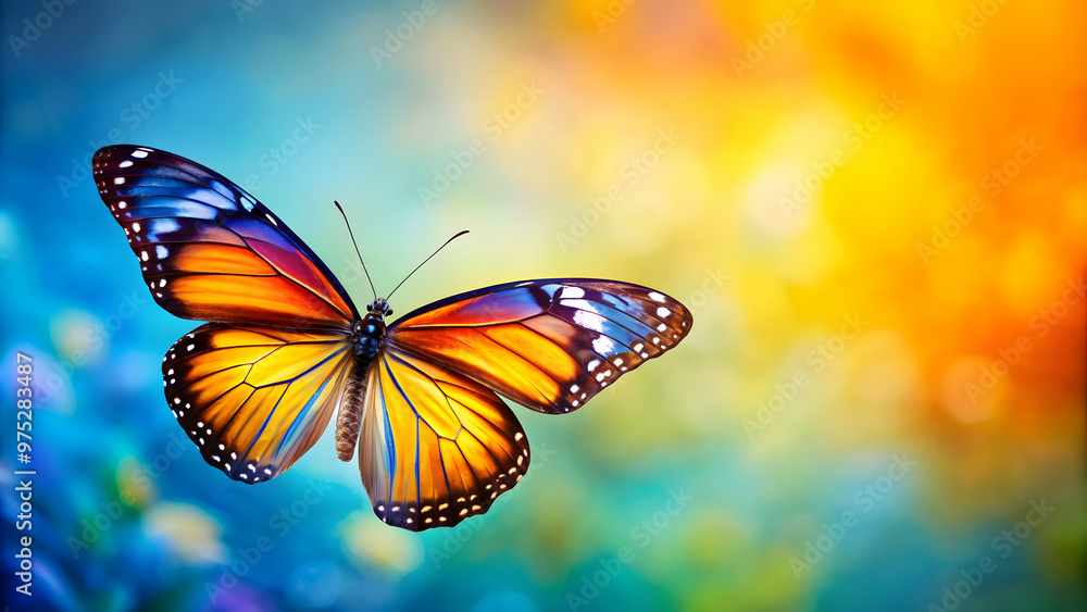 Fototapeta premium Beautiful butterfly flying with blue, yellow, and orange wings on background, Butterfly, Beautiful, Flight, Blue, Yellow, Orange