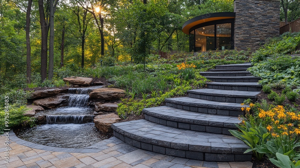 Serene garden with stone steps and a gentle waterfall. Serene garden with stone steps and a gentle waterfall.
