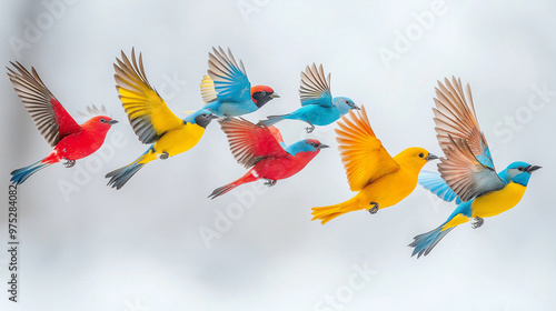 Colorful Birds in Flight, each representing a different region, flying together, with copy space