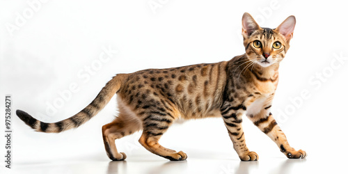 Multiracial she-cat walking on white background, looking back , cat, multiracial, diverse, feline, walking, posing