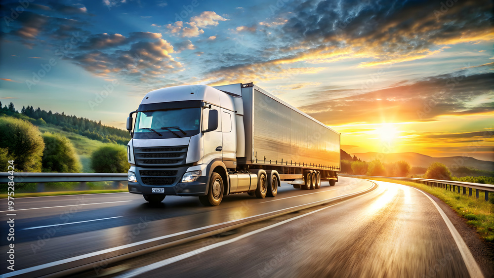 Fast-moving lorry racing down the highway , speeding, transportation, delivery, highway Fast-moving lorry racing down the highway , speeding, transportation, delivery, highway