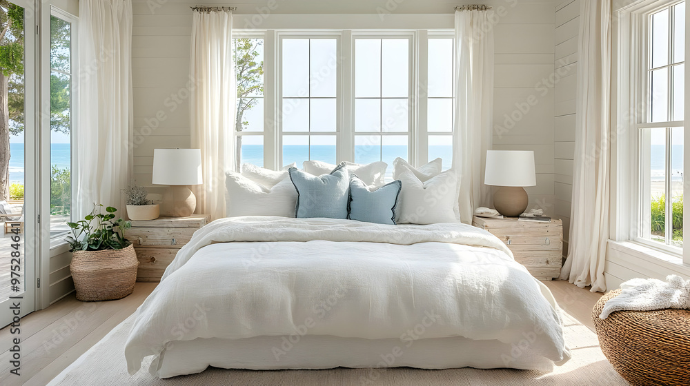A white bedroom with large windows overlooking the ocean. A white bedroom with large windows overlooking the ocean.
