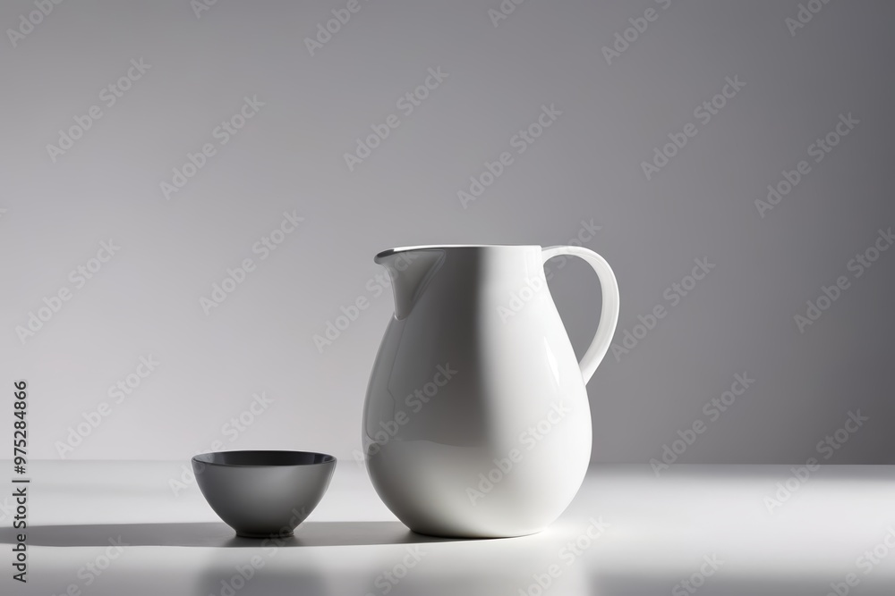 a white pitcher and a black bowl on a table a white pitcher and a black bowl on a table
