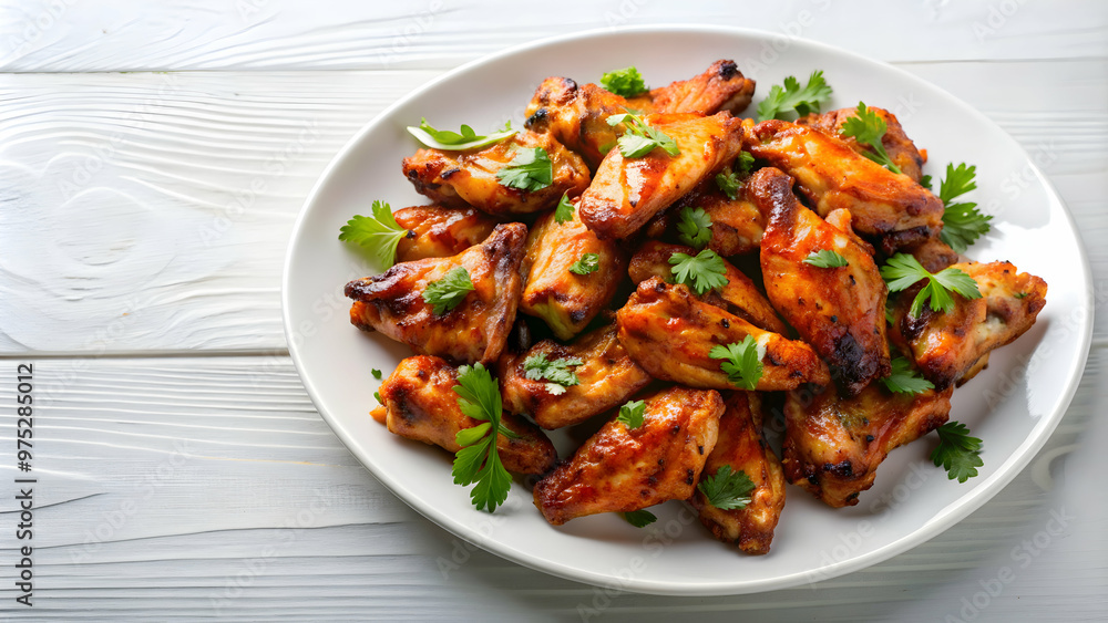 Grilled wings arranged neatly on a white plate, food, appetizer, hot wings, barbecue, grilled, spicy, tasty, savory, chicken Grilled wings arranged neatly on a white plate, food, appetizer, hot wings, barbecue, grilled, spicy, tasty, savory, chicken