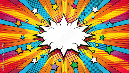 Colorful pop art explosion with comic book style speech bubbles and onomatopoeic words, pop, art, explosion photo