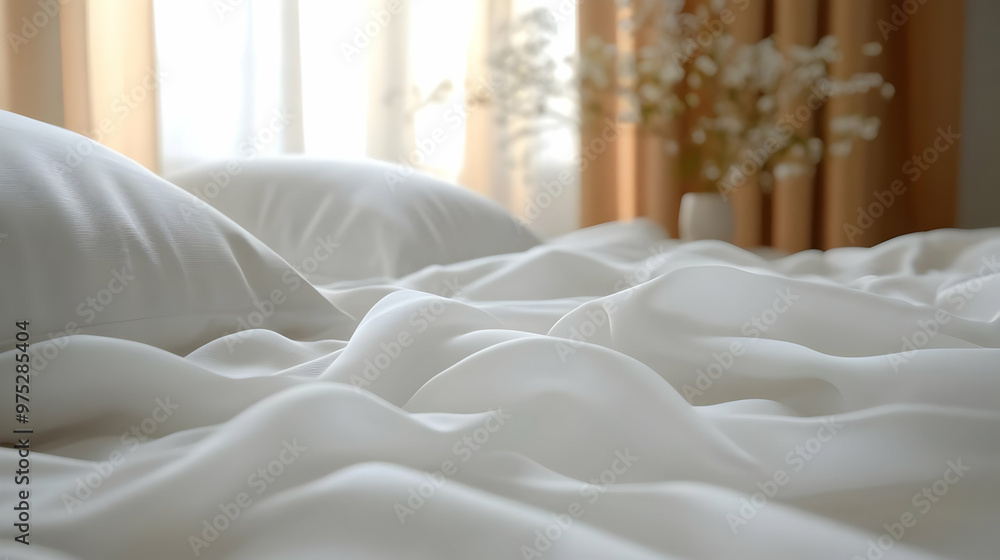Close-up of a white, luxurious bed with soft, wrinkled sheets and a vase of flowers in the background. Close-up of a white, luxurious bed with soft, wrinkled sheets and a vase of flowers in the background.