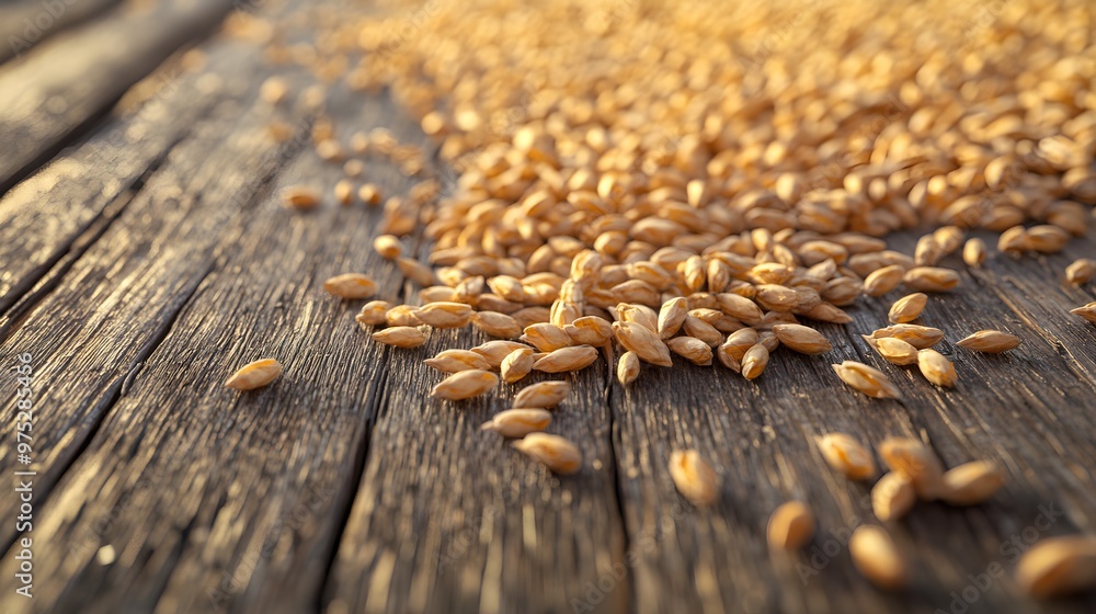 Obraz premium A close-up 3D view of organic wheat grains dispersed over a textured, old wooden surface. The grains are rendered with fine details, including their individual shapes and natural colors, contrasted 