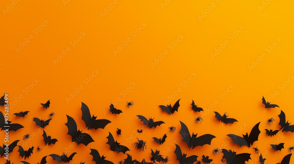 A minimalist Halloween-themed design with black bats flying against a vibrant orange background, creating a simple yet spooky atmosphere perfect for Halloween celebrations A minimalist Halloween-themed design with black bats flying against a vibrant orange background, creating a simple yet spooky atmosphere perfect for Halloween celebrations