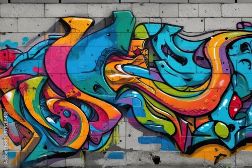 Urban Identity Expressed Through Colorful Abstract Graffiti Patterns on Textured Concrete Block Walls