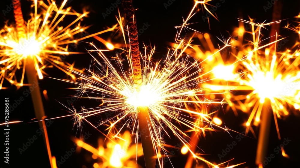 A close-up view of multiple sparklers glowing with bright fiery sparks against a dark background, capturing the energy and vibrance of a festive celebration A close-up view of multiple sparklers glowing with bright fiery sparks against a dark background, capturing the energy and vibrance of a festive celebration