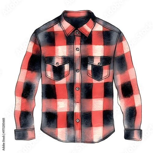 Red and Black Plaid Flannel Shirt Watercolor Illustration photo