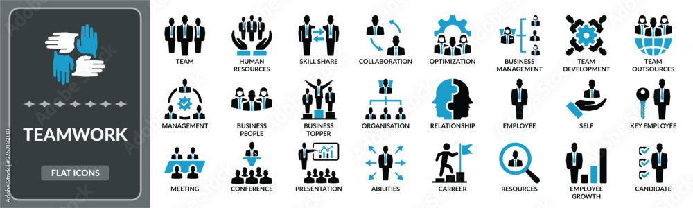 Fototapeta premium Teamwork icon set. Set of Team development, team management, human resources flat icons EPS10- Stock Vector