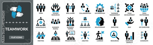 Teamwork icon set. Set of Team development, team management, human resources flat icons EPS10- Stock Vector