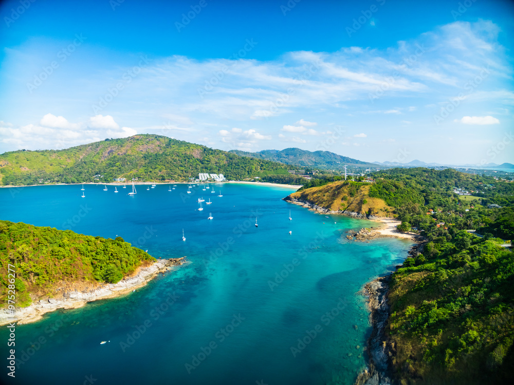 Naklejka premium Drone view of Tropical sea in summer season at Phuket island Thailand