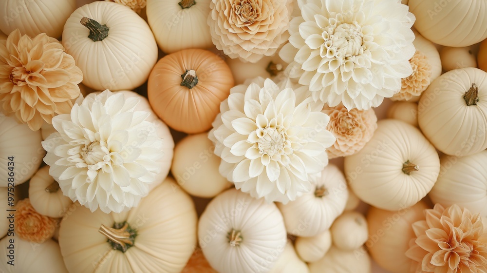 Soft autumn composition with white pumpkins and dahlias, blending cream and peach hues in a cozy, festive arrangement for the fall season Soft autumn composition with white pumpkins and dahlias, blending cream and peach hues in a cozy, festive arrangement for the fall season