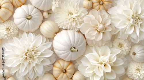 A soft top-down composition of white pumpkins and large cream dahlias, representing an elegant autumn harvest arrangement, emphasizing natural beauty and seasonal decor