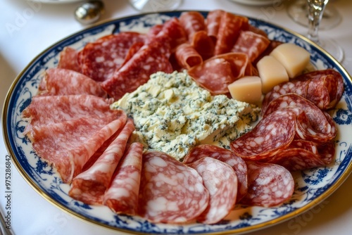 A colorful platter featuring authentic Italian salami, pecorino, ham, and gorgonzola arranged for a festive gathering