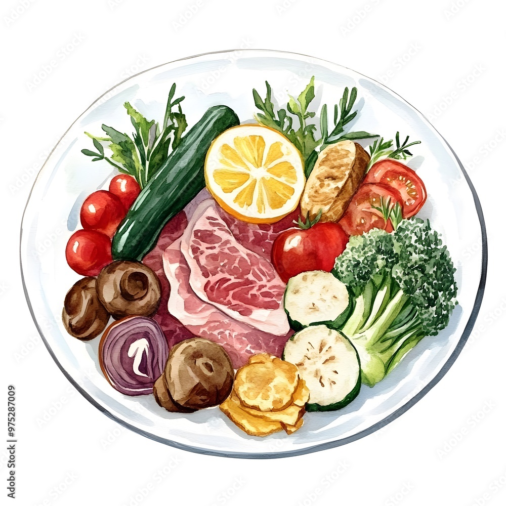 Watercolor Illustration of a Plate of Food with Meat Vegetables and Herbs Watercolor Illustration of a Plate of Food with Meat Vegetables and Herbs