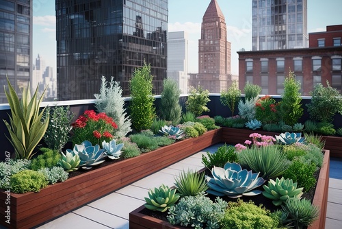 Stylish 3D Urban Rooftop Garden Featuring Succulent Plants Aromatic Herbs and Colorful Flowering Perennials