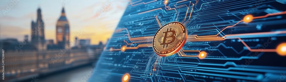 Fototapeta premium A futuristic skyline with blockchain icons, symbolizing the integration of cryptocurrency in economic growth blockchain economy, digital financial growth