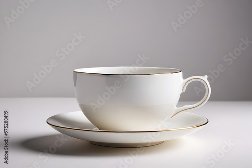 a white cup and saucer on a white table 