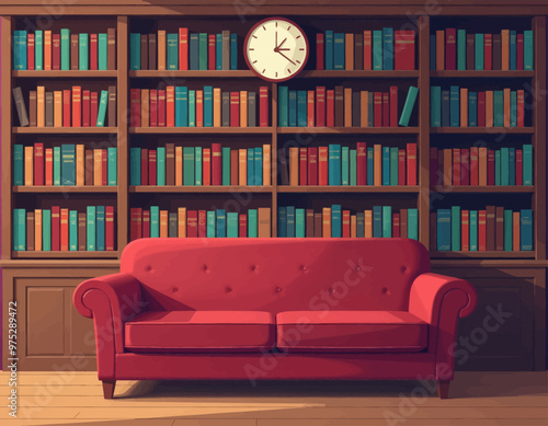 Red Couch in Library with Bookshelves and Clock