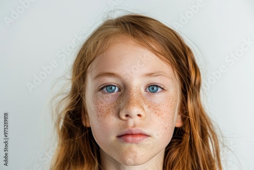 Portrait of a young girl with freckles and skin concerns captured against a simple white background, showcasing natural beauty and innocence