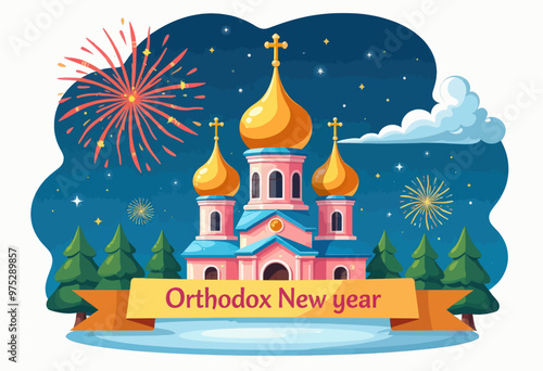 Orthodox Church with Fireworks at Night