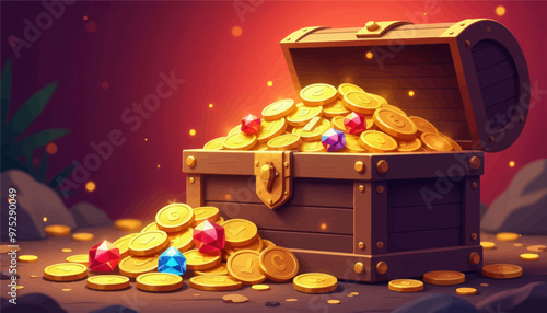 Open Wooden Treasure Chest with Gold Coins and Gems