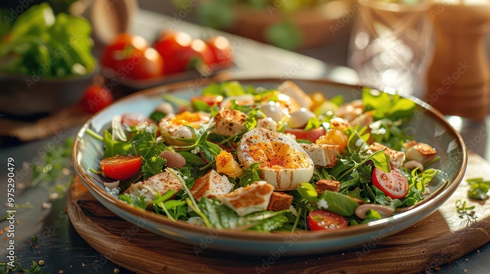 A close-up photo of a colorful, healthy salad with various garnishes arranged on a wooden table. A close-up photo of a colorful, healthy salad with various garnishes arranged on a wooden table.