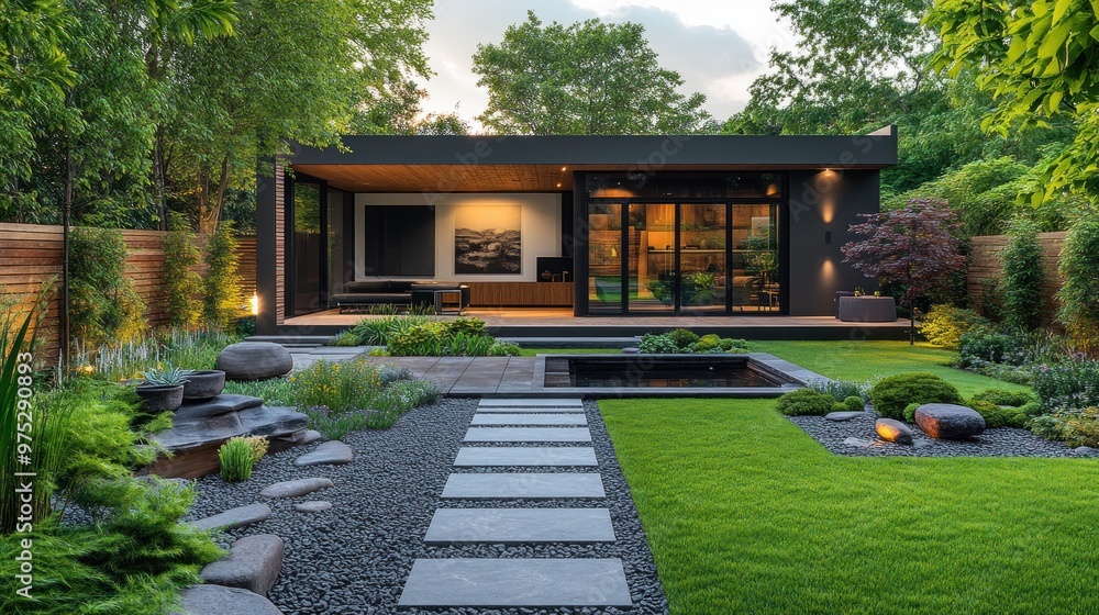Modern garden with a sleek house and landscaped surroundings. Modern garden with a sleek house and landscaped surroundings.