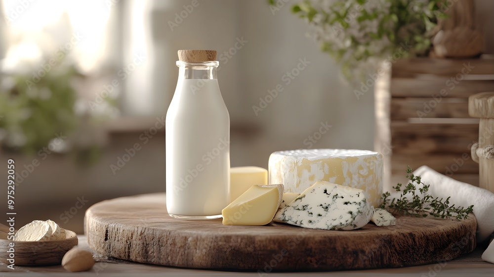 A 3D illustration featuring an assortment of organic dairy products, including a bottle of fresh milk and various cheeses, elegantly arranged on a rustic wooden board. The products are detailed A 3D illustration featuring an assortment of organic dairy products, including a bottle of fresh milk and various cheeses, elegantly arranged on a rustic wooden board. The products are detailed