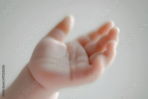 Close-up of a baby hand gently resting on adult skin in a peaceful, intimate moment with soft pastel tones