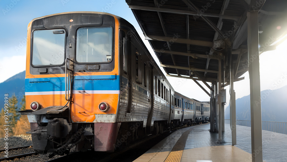Fototapeta premium Vintage train on railway station transportation on country site in morning light