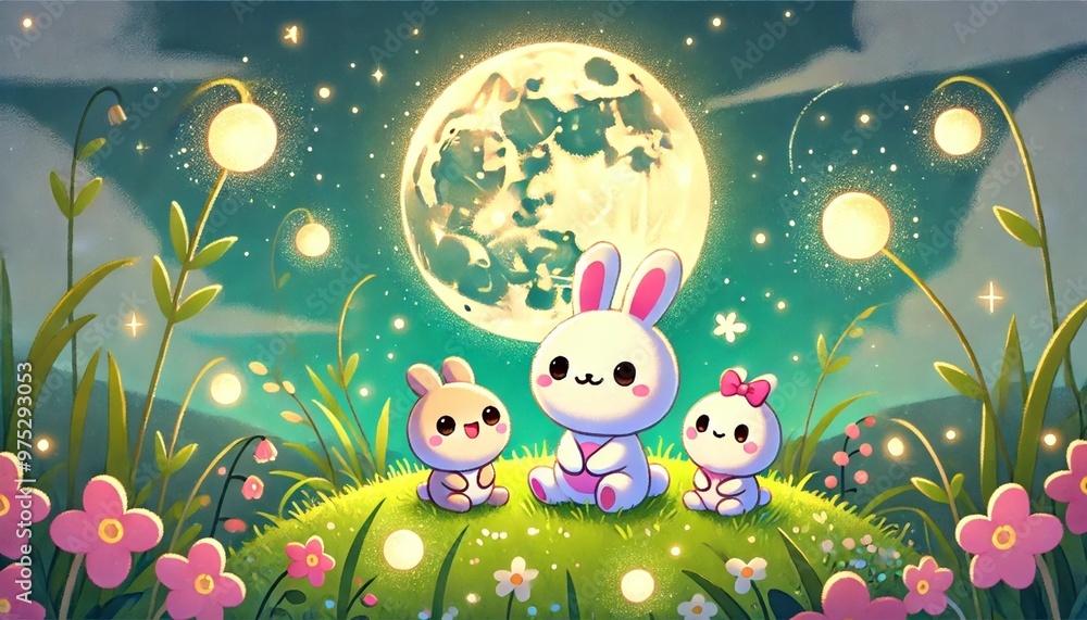 Naklejka premium A cute rabbit and playful dango characters sit on a grassy hill, illuminated by the strong glow of the full moon, surrounded by gently glowing fireflies and swaying flowers in the peaceful night.