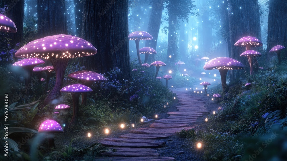 Enchanted forest path with glowing mushrooms and magical lights in dreamy atmosphere. Enchanted forest path with glowing mushrooms and magical lights in dreamy atmosphere.