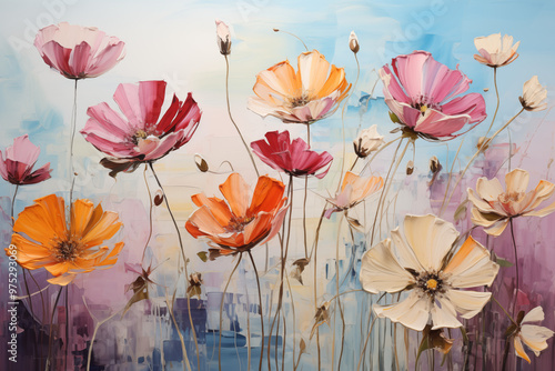 An expressive and vibrant oil painting in the style of Expressionism, depicting a lush and colorful flower garden, with bold and exaggerated brushstrokes, intense and vivid colors, 