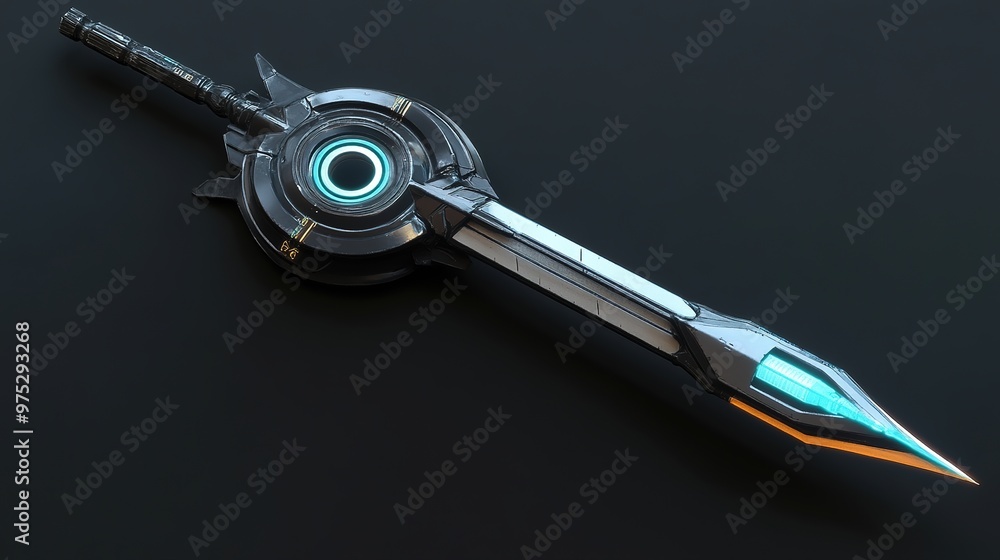 Futuristic cyberpunk toy spear with a modern handle and advanced components. The spear features a sleek, high-tech design with a prominent circle at its center, Futuristic cyberpunk toy spear with a modern handle and advanced components. The spear features a sleek, high-tech design with a prominent circle at its center,