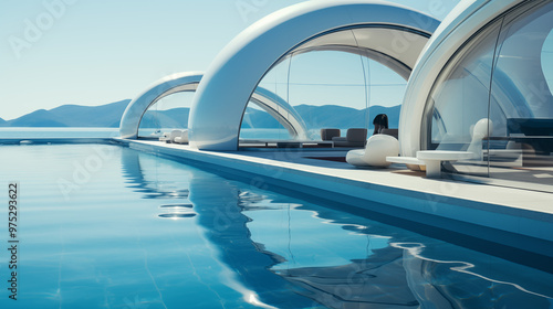 Futuristic architecture with sleek, transparent structures, intertwining organic shapes and glowing energy pathways, vibrant sci-fi design with a surreal cityscape, floating platforms 