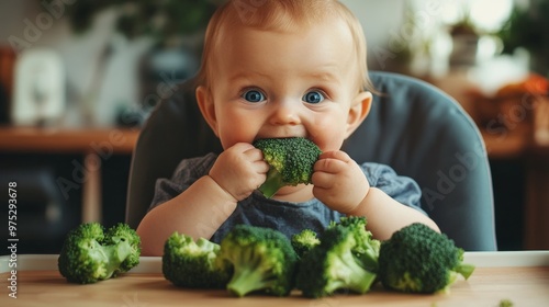 Baby eating broccoli at high chair with curious expression, healthy eating and nutrition concept