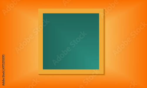 green chalkboard on orange background. Clean background. Blank photo frame template on orange gradient wall texture in gallery. Empty clean picture on orange background for mockup and place image

